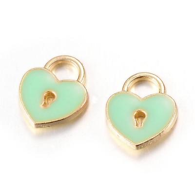 #ad 4 Enamel Heart Lock Charms Gold Mint Green Miniature Findings Key to My Heart $3.90