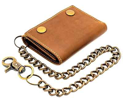 #ad RFID Leather Rustic Brown Biker Snap Closed Trifold Chain Wallet for men J110RB $14.97