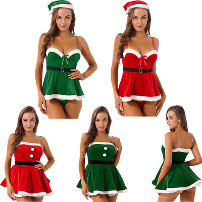 #ad US Womens Christmas Santa Party Costume Sexy Velet Mini Dress Bodysuit Hat Set $17.00