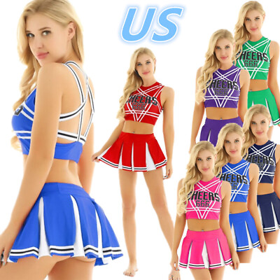 #ad US Womens School Girls Cheerleading Uniform Sleeveless Crop Tops with Skirt Sets $19.35
