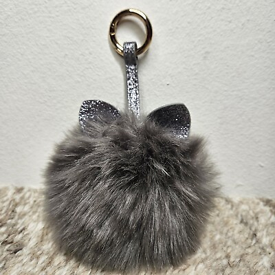 #ad NEW Cat Pom Pom Glitter Keychain Purse Charm Keyring Gray Faux Fur Fuzzy Plush $7.99