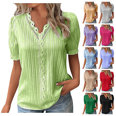 #ad Women Summer V Neck Short Sleeve Pullover Shirt Ladies Solid Casual Tunic Blouse $13.20
