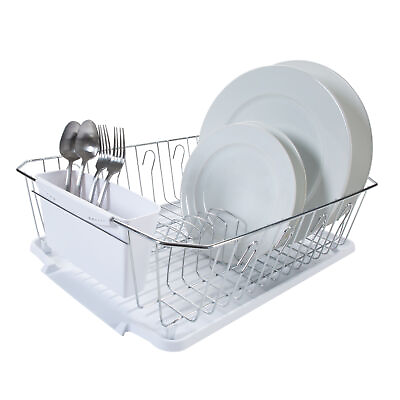 #ad Kitchen Details White 3 Piece 1.5 lb Chrome Dish Rack Cutlery Drainer Organizer $15.49