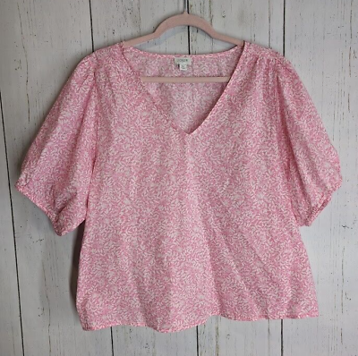 #ad Jcrew Size XL Pink Floral Puff Sleeve Cotton V Neck Womens Casual Blouse $19.99