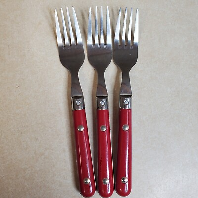 #ad Vtg Gibson Stainless Red Handle 3 Rivet Flatware Silverware 3 Forks Replacement $14.95