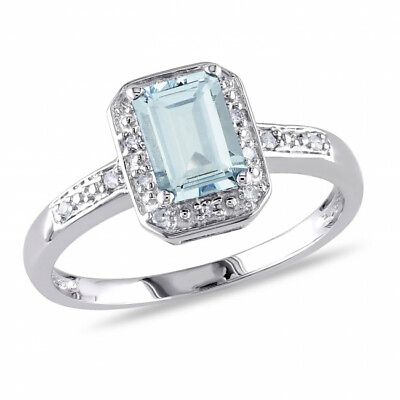 #ad Halo Engagement Ring 10K White Gold Emerald Cut Aquamarine amp; Natural Diamond $867.49
