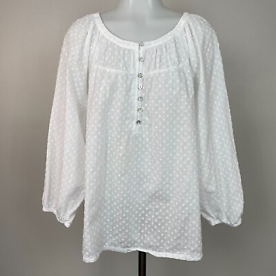 #ad LOFT Top XL White Clip Dot 3 4 Sleeve Cotton Popover Blouse Women#x27;s $12.00