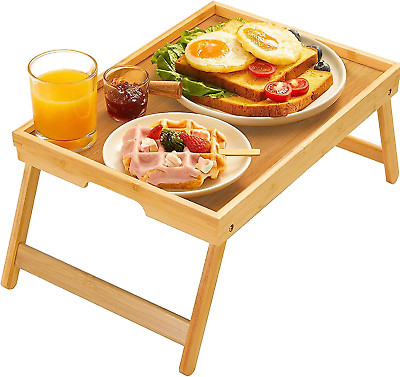 #ad Bamboo Bed Tray Table with Foldable Legs Breakfast Tray for Sofa Bed Eating $47.21