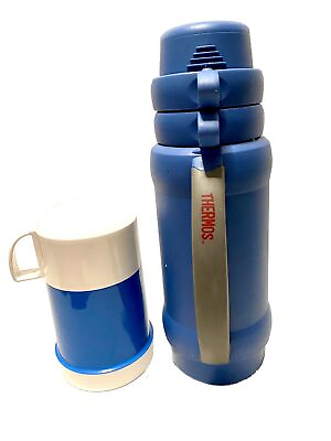 #ad Thermos W Two Cups 3401USP 35 Oz Add A Cup And Wide Mouth 10 Oz Thermos Vintage $30.00