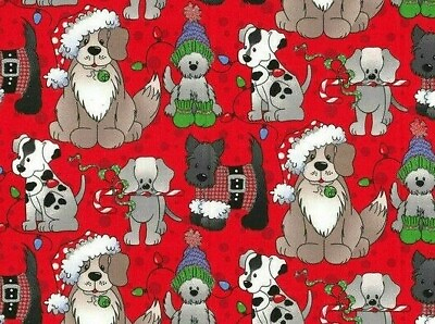 FAT QUARTER CHRISTMAS DOG FABRIC HOLIDAY PUPS ON RED COTTON GLITTER SANTA DOGS $2.99