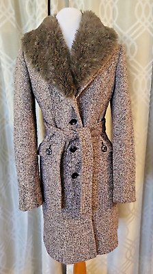 #ad Ann Taylor LOFT Brown Tweed Faux Fur Collar Coat Regular SIZE 0 $57.95