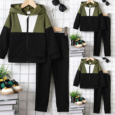 #ad Kids Boys Colorblock Hoodie Jogging Pants Set Hooded Sweater Tracksuit Outfit $22.29