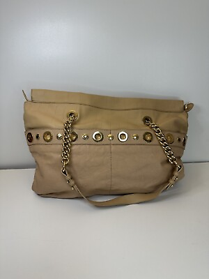 #ad Badgley Mischka Large Tote Beige Handbag Genuine Leather Chain Hardware $19.99