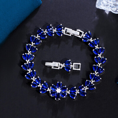 #ad Charming Silver Plated Blue CZ Women Party Big Round Flower Drop Chain Bracelet GBP 8.39