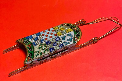 #ad Vintage Cloisonné Sled Christmas Ornament Quilted Design NYCO Hand Painted $16.99