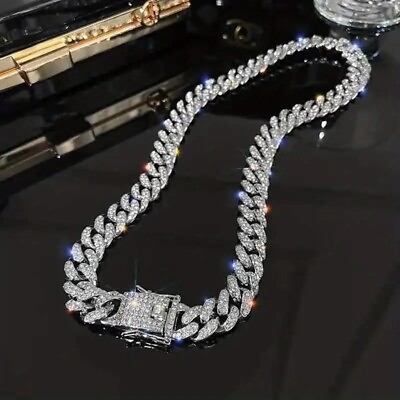 #ad 20in 13mm ICED OUT BLING SILVER STAINLESS NECKLACE CUBAN LINK NECKLACE $14.89