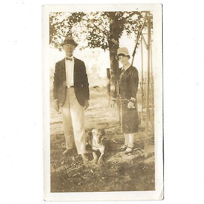 #ad Antique Photo Dog w Couple In Yard Lawn Swing 1928 Police Dog Shepherd Man Woman $9.49