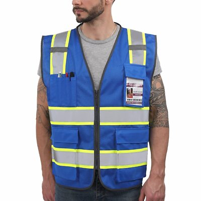 #ad Reflective Mesh Vest High Visibility Two Tone With Pockets And Zipper Blue Mesh $23.48