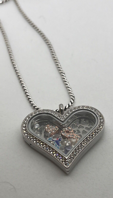 #ad Origami Owl HEART Stainless Steel Locket Set 29quot; chain 3 charms Heart Insert $28.49