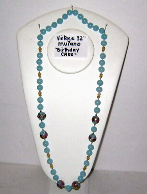 #ad 32quot; Venetian Italy Murano Blue amp; Multi Color Floral Glass Necklace Perfect $174.85