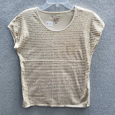 #ad Chico#x27;s Women Top 0 Beige Striped T Shirt Sequins Short Sleeve Round Neck Casual $8.37