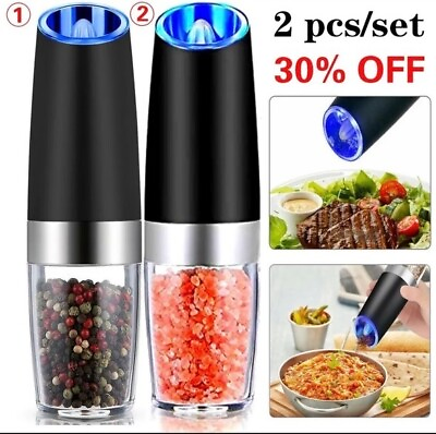 #ad 2 PACK Gravity Electric Pepper Salt Grinder Set with LED Light Stainless Steel $19.95
