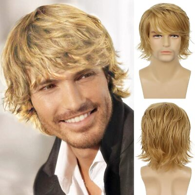 #ad Mens Blonde Wig Short Layered Natural Fluffy Wig Synthetic Heat Resistant Hallow $25.51