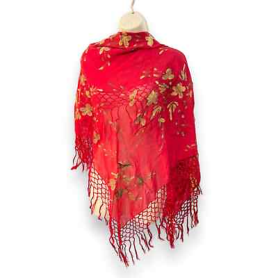 #ad Vintage Red and Gold 1990’s Chiffon Piano Scarf with Long Fringe 44” x 40” $23.74