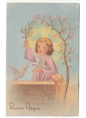 #ad 1953 Happy Easter Card D#x27;Epoca Jesus Olive Doves Lamb fold $4.26