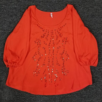 #ad Xhilaration Top Womens 2X Red Peasant 3 4 Sleeve Casual Sequin Lined Blouse $12.99