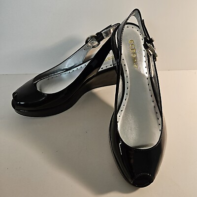 #ad BCBG Girls Size 7.5 Black Patent Leather Peep Toe Wedge Heels BG Gily NEW $21.95