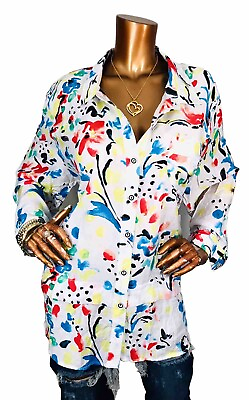 #ad Multiples 2X Plus Top Multi Print NWT Lite Wgt Easy Wear Button Up Shirt Tunic $22.99