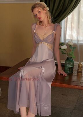 #ad Satin Silky Long Dress Sleepwear Chemise Sexy Lingerie Babydoll Night Gown $30.49
