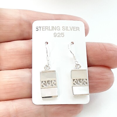 #ad New Sterling Silver 925 Mother Of Pearl Open Work Drop Dangle Wire Hook Earrings $13.99