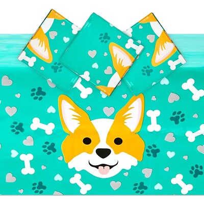#ad Corgi Tablecloth for Dog Birthday Party Green 54 x 108 Inches 3 Pack $10.99