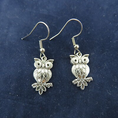 #ad #ad OWL CHARM Dangle Earrings Antique Silver Tone Nature Bird Branch Retro Wisdom $7.99