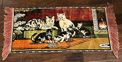 #ad Vintage Velvet Cat Kitten Floral Tapestry Rug Wall Hanging 44quot;x 20quot; Fringe Read $34.99