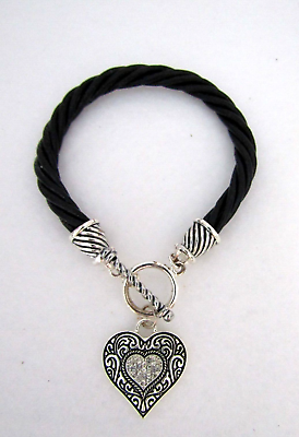 #ad Scroll Heart Charm Pave Rhinestones Silver Tone Black Cord Toggle Bracelet 7.5quot; $11.99
