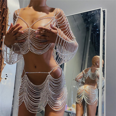 #ad Luxury Rhinestone Body Chain Sexy Hollow Top Chain Tassel Skirt Set 2pcs Outfits AU $280.98