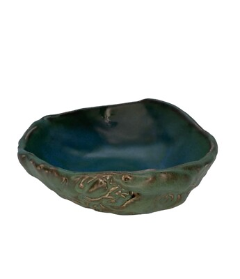 #ad Hand Thrown Art Pottery Ceramic BOWL Blue Green BOHO Hand Crafted Stamped $15.00