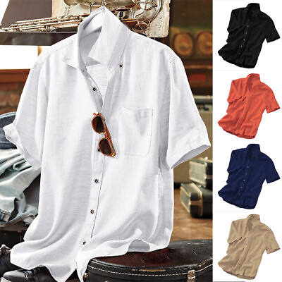 #ad Mens Casual Button Down Shirts Short Sleeve Beach Linen Cotton Summer Shirt Tops $17.79