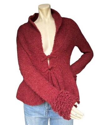 #ad Anthropologie Sleeping On Snow Red Fuzzy Wool Blend Button Front Cardigan Med $34.99