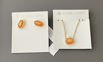 #ad Kendra Scott Gold Pumpkin Necklace earring Set Orange Mother Of Pearl NWT $200.00