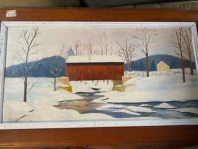#ad Large Jacquelyn Battle quot;Covered Bridge In Winterquot; Oil Painting Signed Framed $278.00