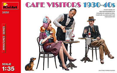 #ad MiniArt 1 35 38058 Cafe Visitors 1930 1940s 3 Figures Dog Furniture ...etc $22.75