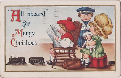 #ad 1916 Postcard All Aboard for Merry Christmas Children Playing Train Embossed $9.99