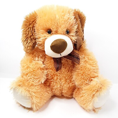 #ad Plush Mart Fluffy Puppy Dog 10quot; Beige Stuffed Animal Toy Bow NWT $14.99