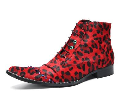 #ad Men#x27;s Fashion Punk Rivet Square Toe Lace Up Leopard Ankle Boots Rock Party Shoes $122.74