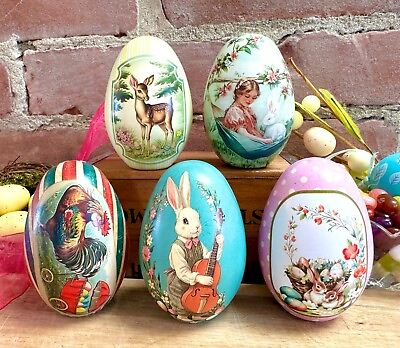 #ad FIVE Easter Egg Tins. 5 Fillable Lithographed Metal Vintage Easter Eggs $21.00