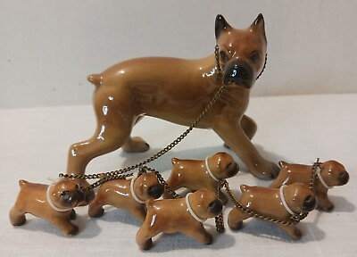 Vintage Porcelain BOXER Dog with 6 PUPPIES on Chain Figurine Japan $29.99